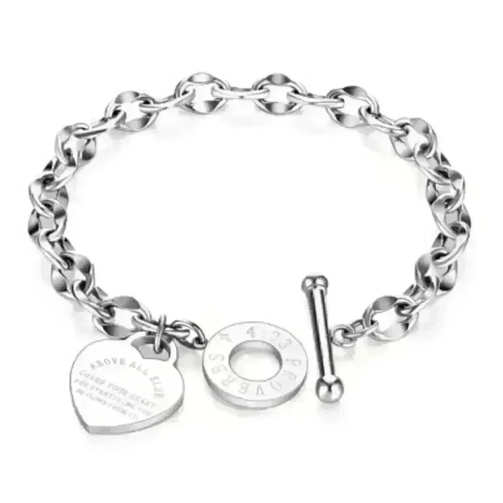 Engraved Heart Charm Bracelet: Stylish Sterling Silver 925 Chain Bracelet